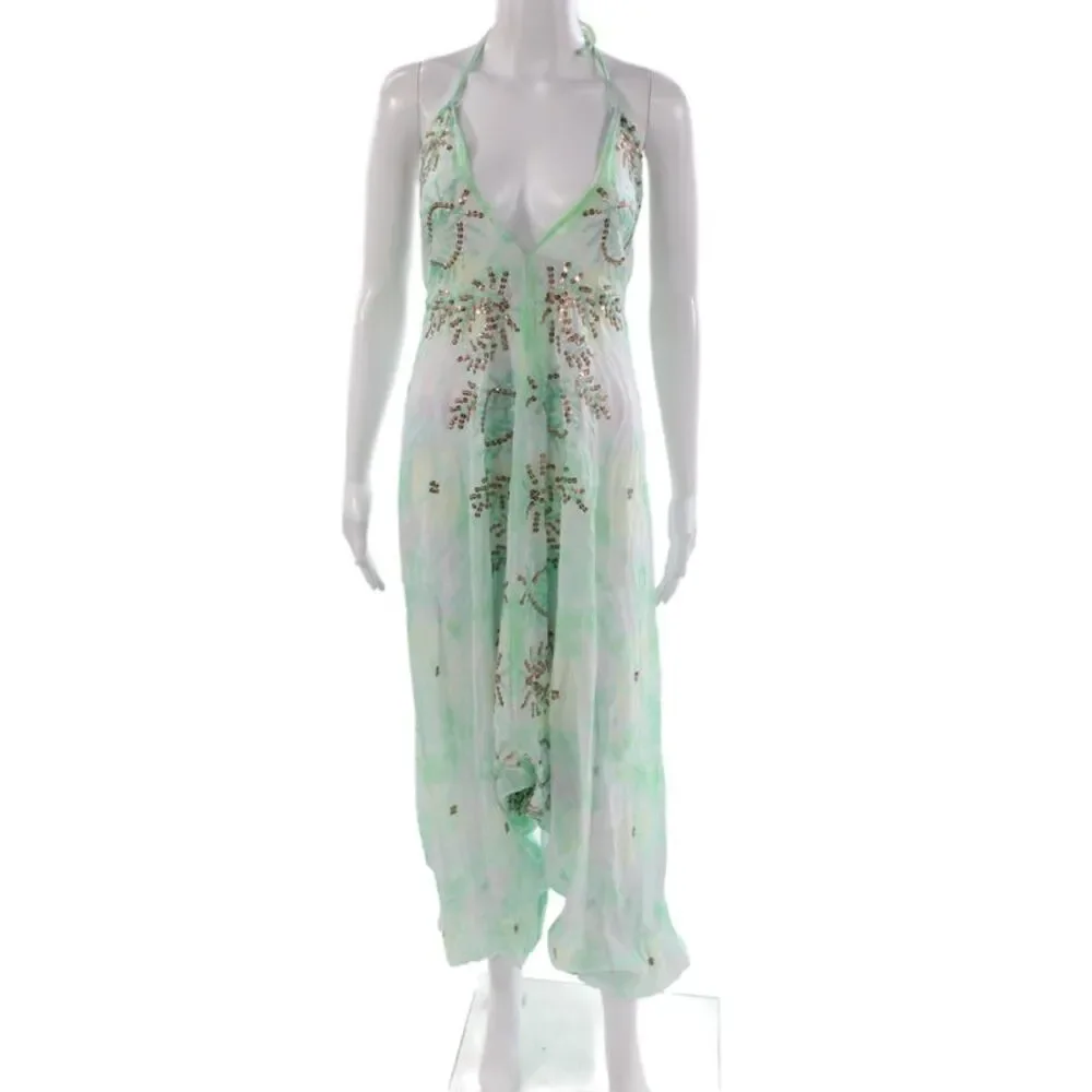 Juliet Dunn Womens Green Tie Dye Halter Sleeveless Jumpsuit Size One Size